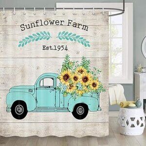 Sunflower Farm Fabric Shower Curtain Set w/12 Hooks Truck Rustic Wood Farmhouse